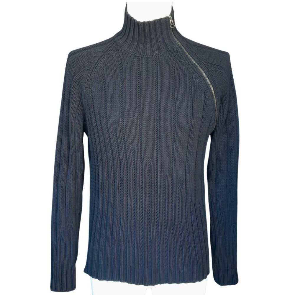 Mexx SZ M Black Ribbed Shoulder Zipper Men's Mock Neck Sweater